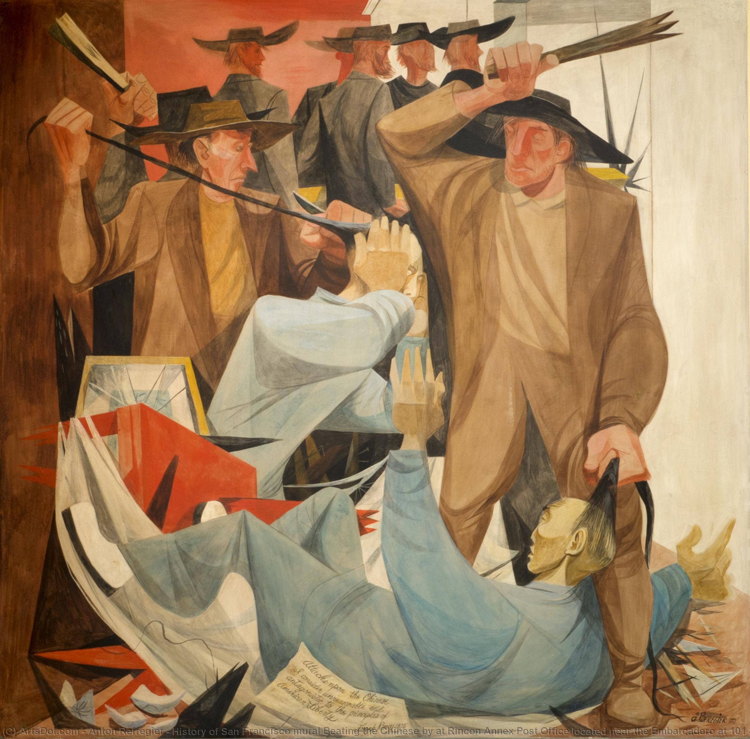 History Of San Francisco Mural Beating The Chinese By At Rincon Annex Post Office Located Near The Embarcadero At 101 Spear Street, San Francisco, California — Anton Refregier, Acrylic On Canvas, Social Realism