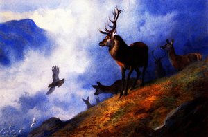 Red Deer Watching A Golden Eagle Hunt Ptarmigan — Archibald Thorburn