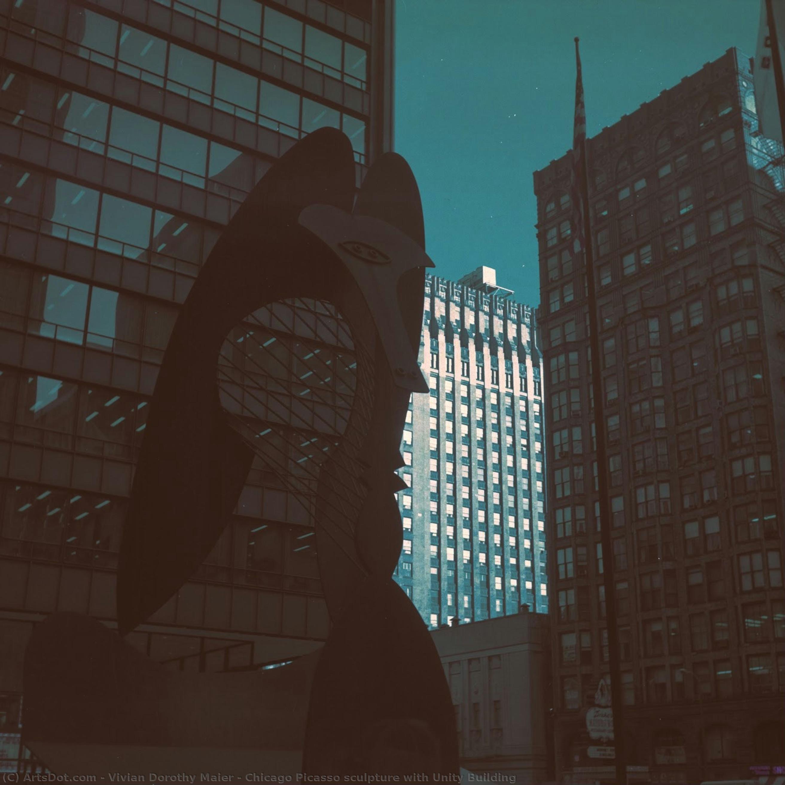 Chicago Picasso Sculpture With Unity Building — Vivian Maier, Acrylic On Canvas, Contemporary Realism